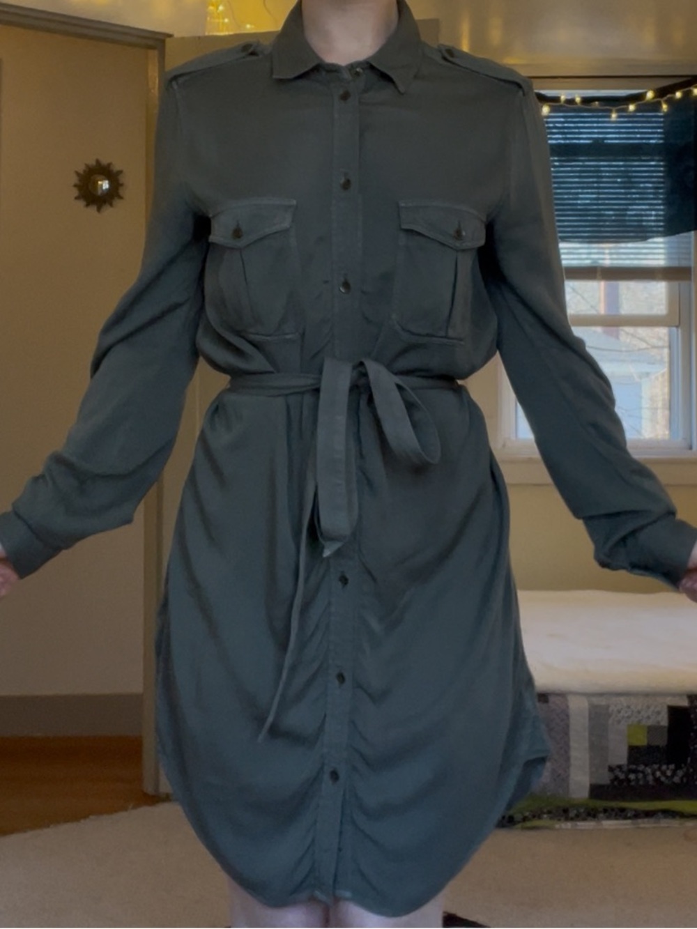 American Eagle Outfitters Olive Army Green Button Up Shirt Dress Tie Waist NWT - Picture 7 of 16